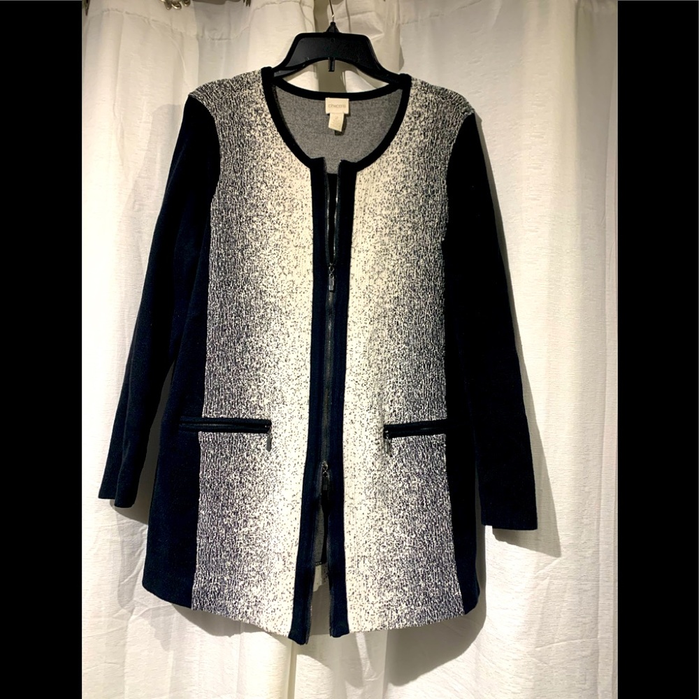 Chico's Size 2 Zip Cardigan Jacket Black & White
